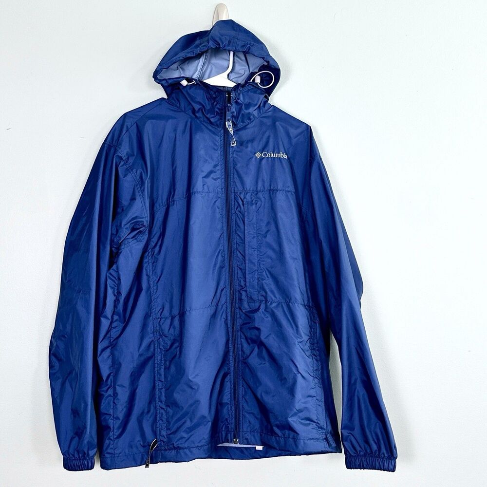 Columbia Rain Jacket Windbreaker Mens Large Blue Packable Hooded Outdoor Travel